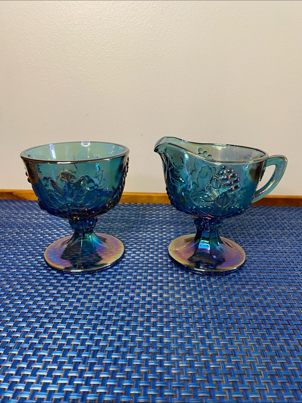 Vintage Indiana Glass Blue Carnival Glass Cream and Sugar Set Harvest Grape